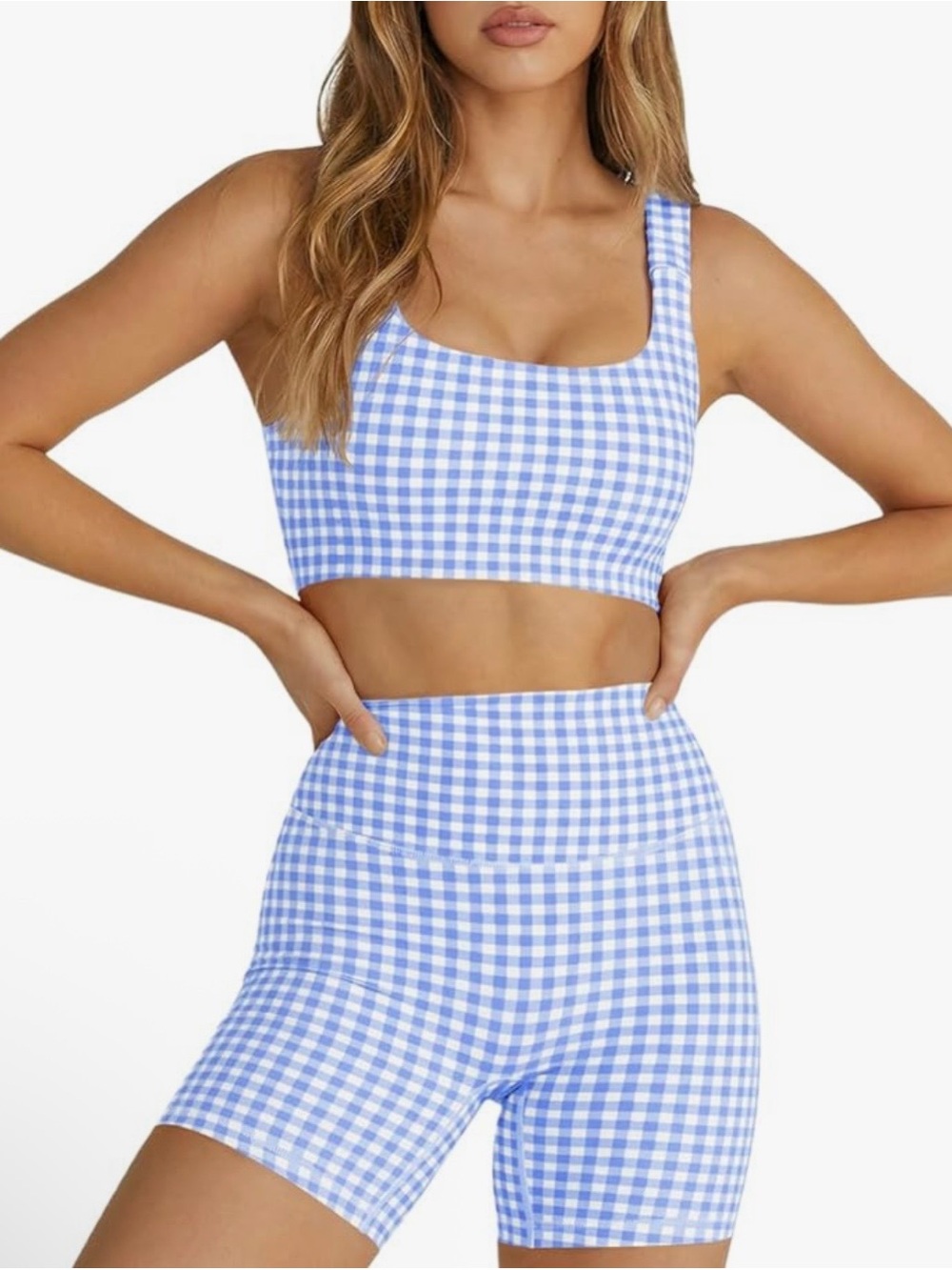 Amazon Light Blue and White Gingham High-Waist Women’s Bike Shorts